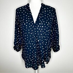 LUSH Juniors Womens Navy Blue V-Neck Polka Dot Hi-Low Relaxed Top Size S EUC